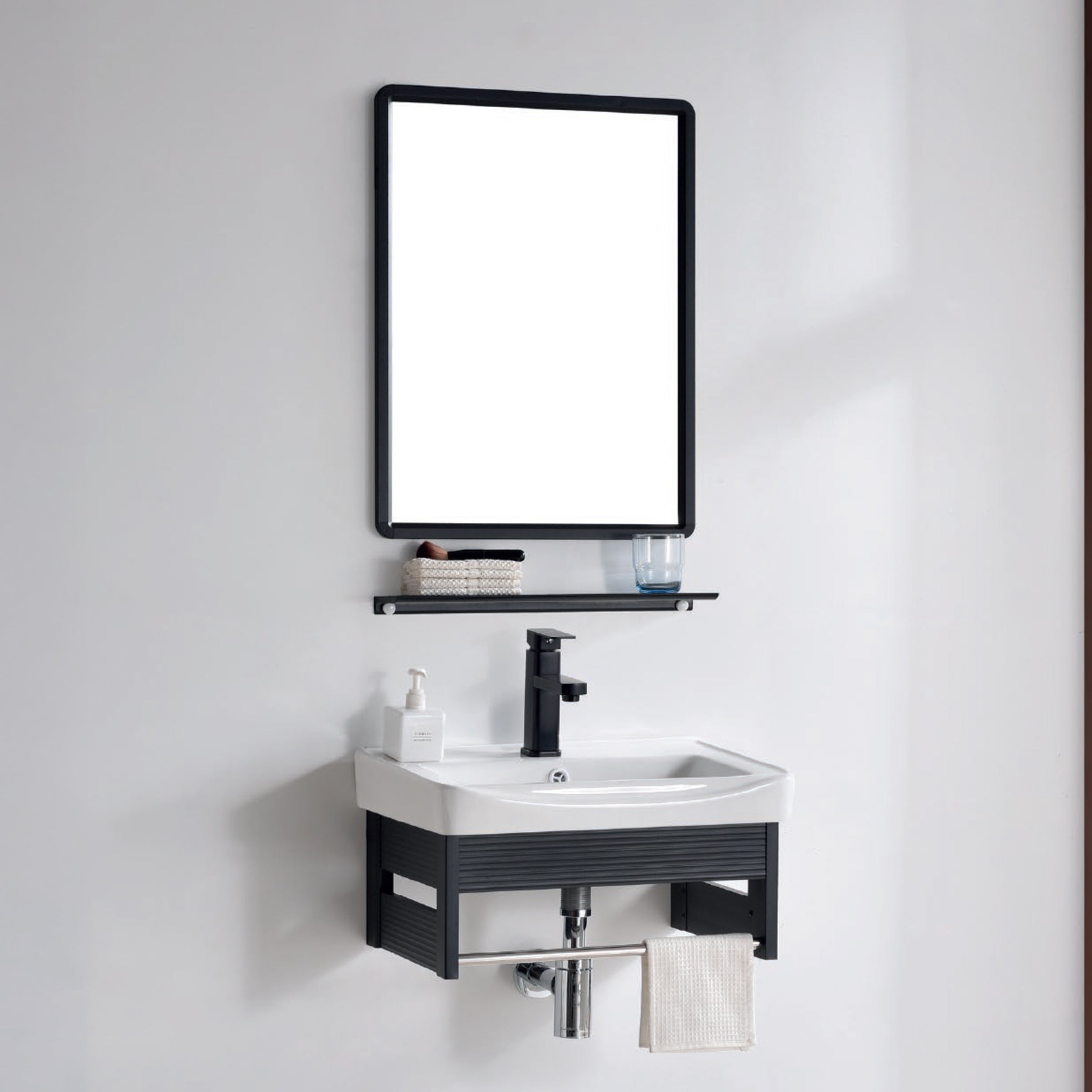 VANITORIO DE ALUMINIO C/REPISA + ESPEJO CUADRADO PS11-5036 NEGRO ECO 50X35CM - FRATELLI